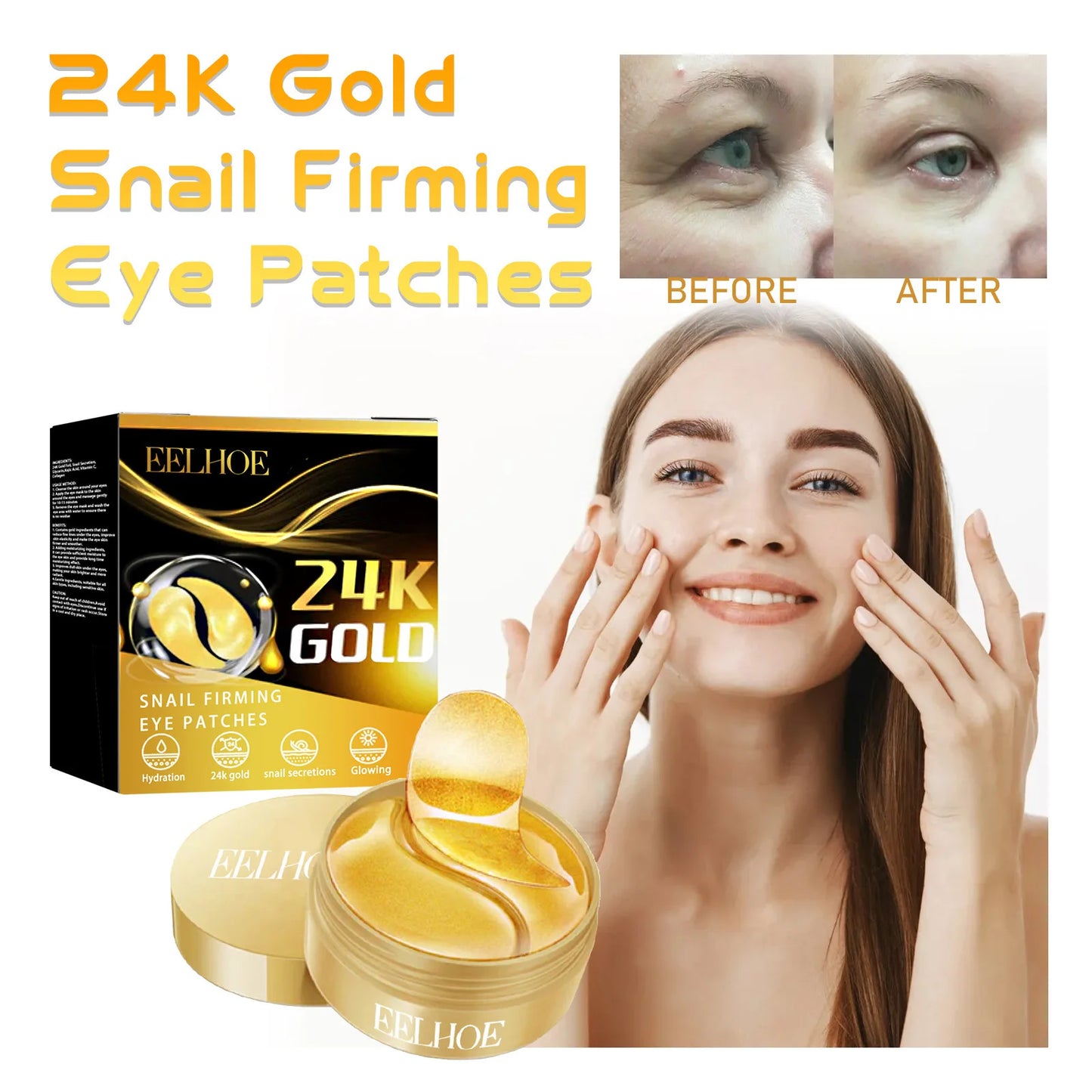 **Illuminate Your Look: Premium 24K Gold Snail Eye Patches for Firming, Smoothing & Revitalizing Tired Eyes!**