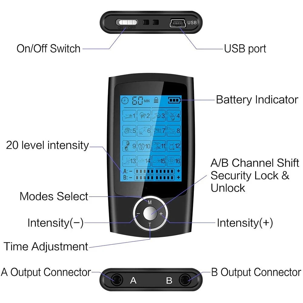 "Unlock Total Relaxation: Versatile 16 Modes Electric Tens Muscle Stimulator - Effective EMS Acupuncture for Pain Management & Body Sculpting!"