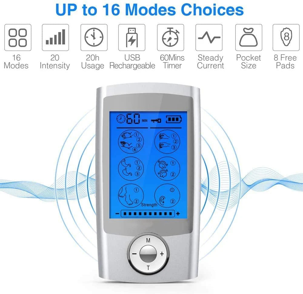 "Unlock Total Relaxation: Versatile 16 Modes Electric Tens Muscle Stimulator - Effective EMS Acupuncture for Pain Management & Body Sculpting!"